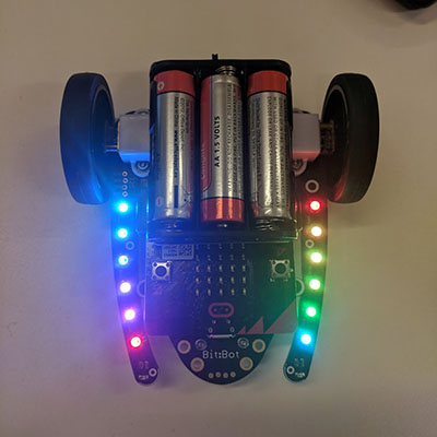 Image: the LEDs on the BitBot are lit different colours, like a rainbow.